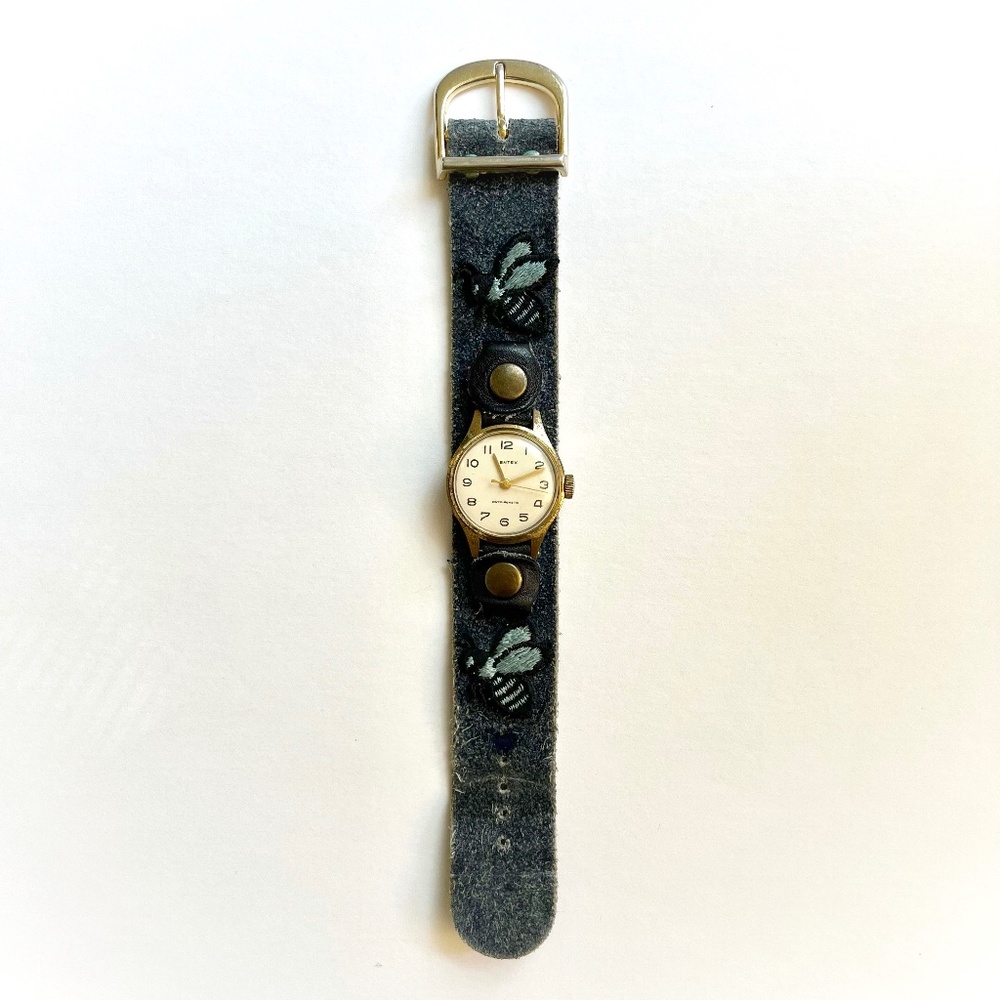 Ventex Antimagnetic Windup Brass Toned Blue Suede Strap Bumblebee Watch